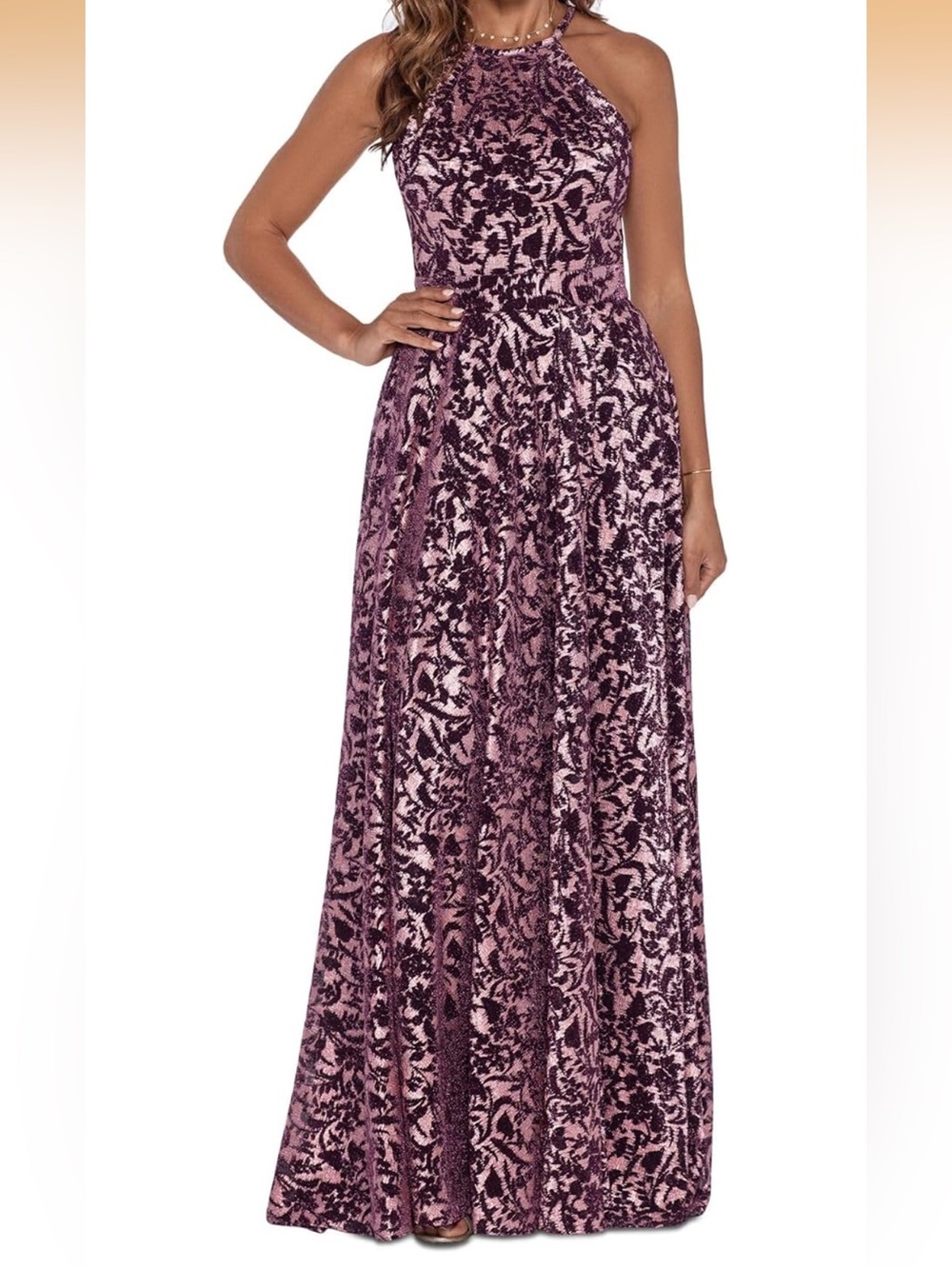 NWOT Betsy & Adam High Halter Burnout Wrap Floral Evening Dress